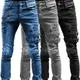 Jean Slim Déchiré pour Homme Long Denim Fjskinny avec Poches Bretelles Latérales et Fermeture