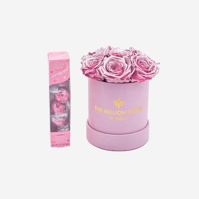 Lindor Strawberry & Cream Truffles | Basic Light Pink Suede Box | Pink Gold Roses | Bundle