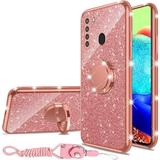 for Samsung Galaxy A21 Case for Women Girls Glitter Luxury Sparkles Cute TPU Silicone Slim Phone Case with Bling Diamond Rhinestone Bumper Ring Stand & Strap Cover for Galaxy A21 - Rose Pink