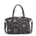 Vera Bradley Damen Schultertasche aus Baumwolle, plissiert, mehrere Riemen Handtasche, Schwarzes Bandana-Medaillon