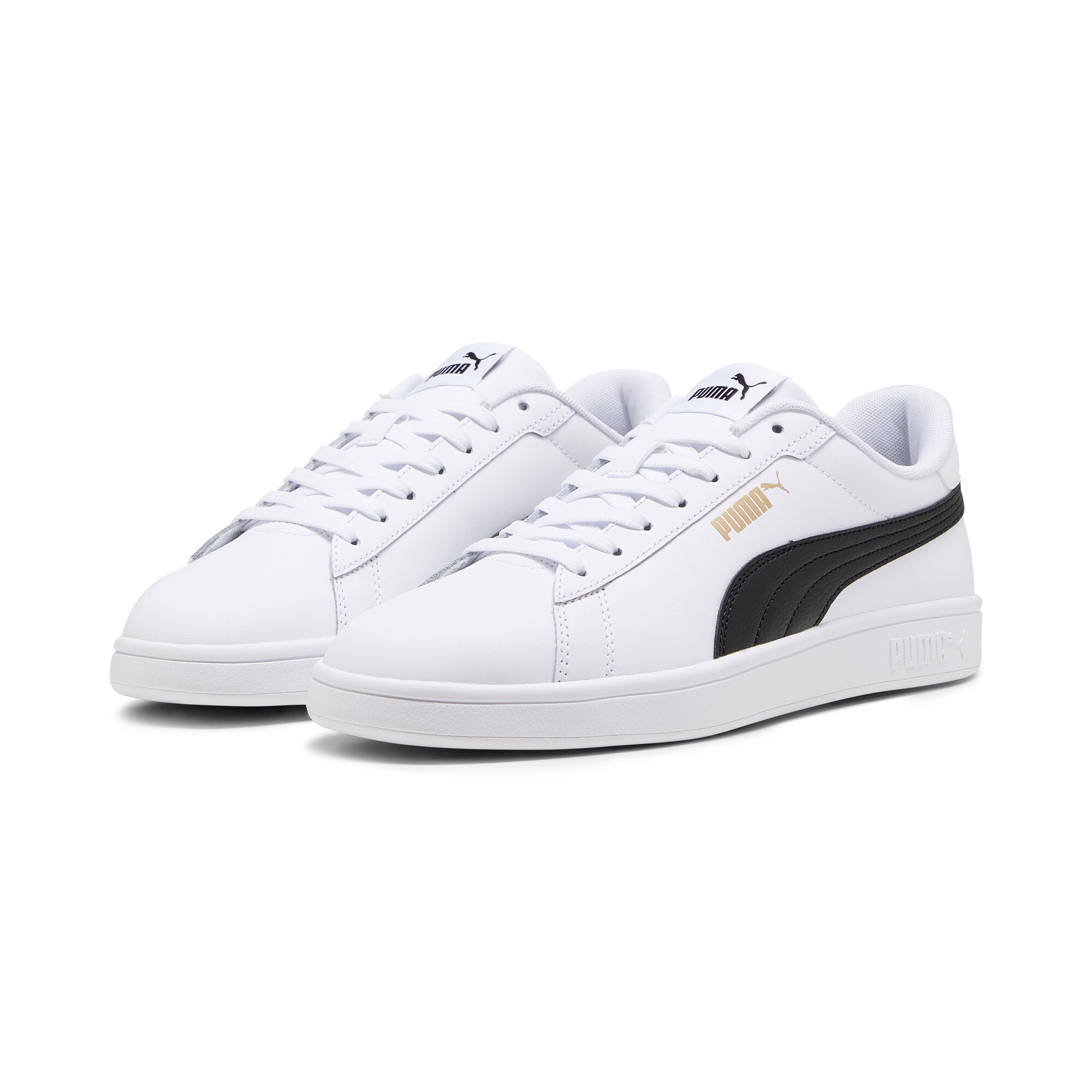 Sneaker PUMA "SMASH 3.0 L", Damen, Gr. 42,5, schwarz-weiß (puma weiß, puma schwarz, puma gold), Leder, Synthetik, unifarben, Schuhe Sneaker
