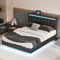 Orren Ellis Floating Bed Frame w/ LED Lights & USB Upholstered/Faux leather in Black | 43.7 H x 64.6 W x 83 D in | Wayfair