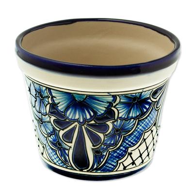 Mexican Garden in Blue,'Hand Crafted Talavera-Style Flower Pot'