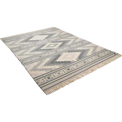 Wollteppich TOM TAILOR HOME "Kelim Colors I" Gr. 3, grau, B:140cm H:5mm L:200cm, Schurwolle, Baumwolle, Teppiche, Fransenteppich, reine Wolle, robust und strapazierfähig, mit Fransen, Boho-Style Image