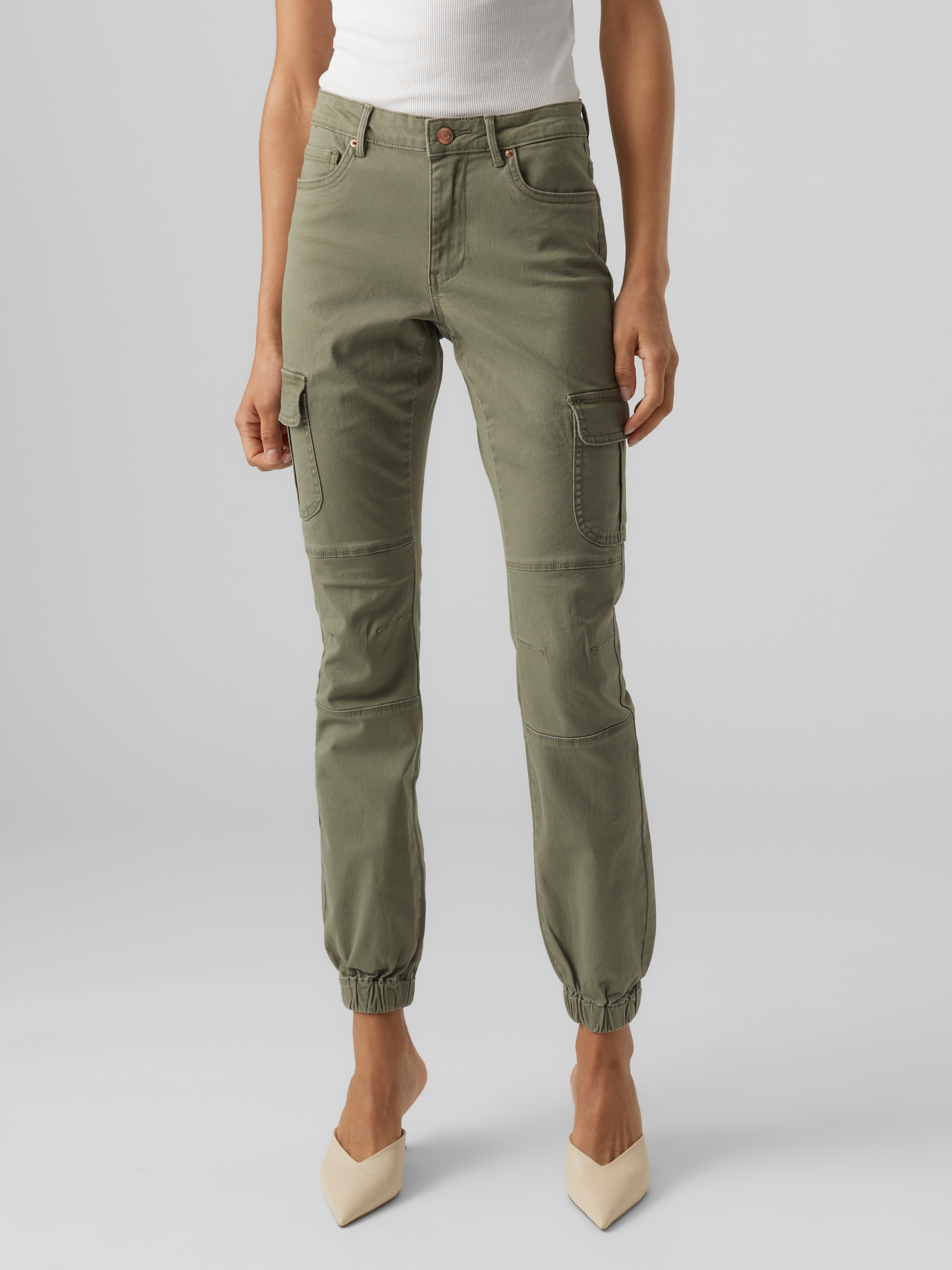 Cargohose VERO MODA "VMIVY MR ANKLE CARGO PANTS NOOS", Damen, Gr. XL (42), Länge 32, grün (ivy grün), Web, Obermaterial: 98% Baumwolle, 2% Elasthan, unifarben, skinny fit knöchellang, Hosen Cargohose