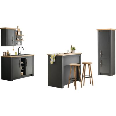 Küche KOCHSTATION "KS-Westminster", grau (front: grau dunkel, korpus: grau dunkel, arbeitsplatte: eiche wotanfarben), B:196cm T:60cm, Komplettküchen-Sets, Breite 196 cm, ohne E-Geräte Image