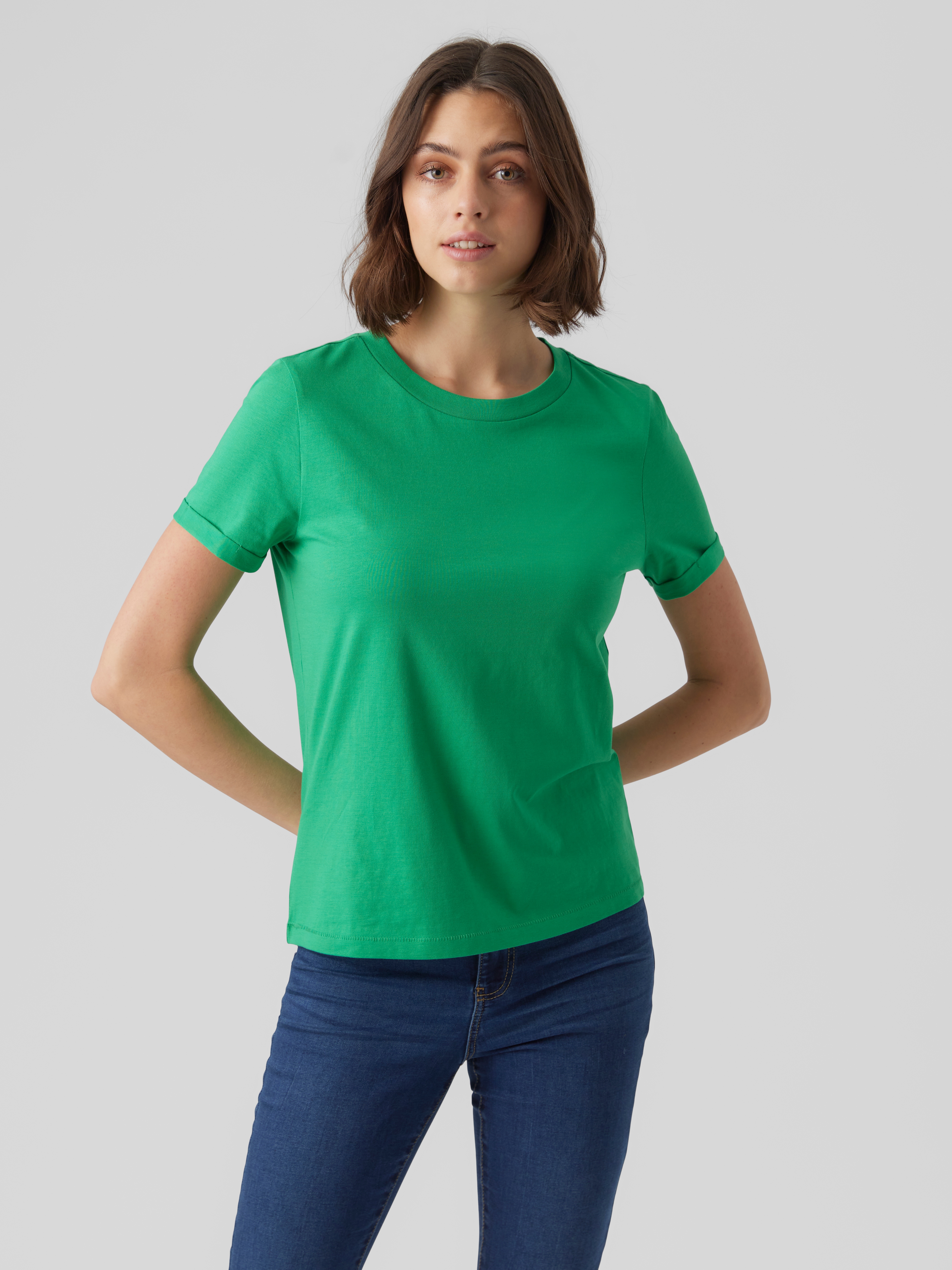 Kurzarmshirt VERO MODA "VMPAULA S/S T-SHIRT NOOS", Damen, Gr. XS, grün (bright grün), Jersey, Obermaterial: 100% Baumwolle, unifarben, regular fit normal, Rundhals, Aufschlag, Shirts, Baumwolle, regular fit