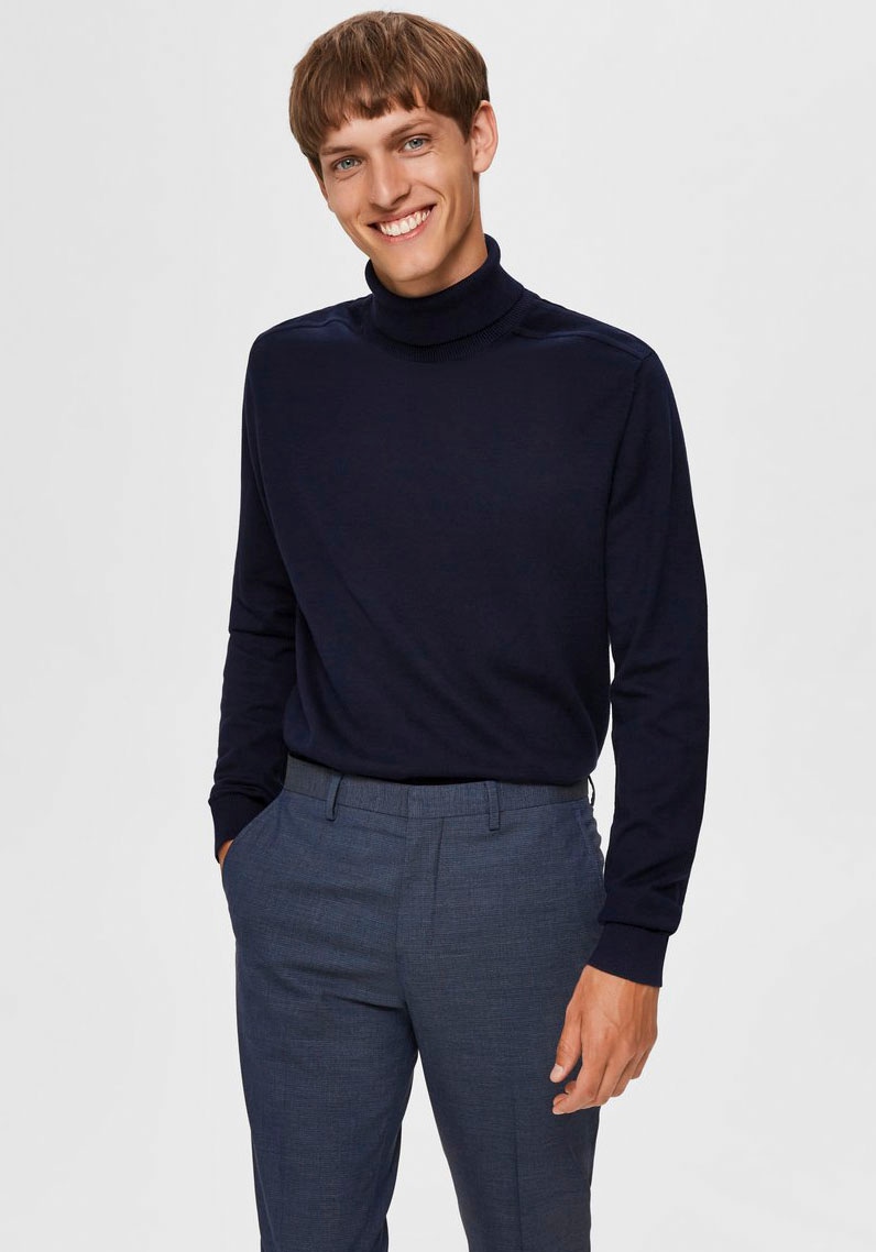 Rollkragenpullover SELECTED HOMME "SLHBERG ROLL NECK NOOS", Herren, Gr. S, blau (navy blazer), Strick, Obermaterial: 100% Baumwolle, unifarben, regular fit normal, Rundhals, Rippbündchen, Pullover Image