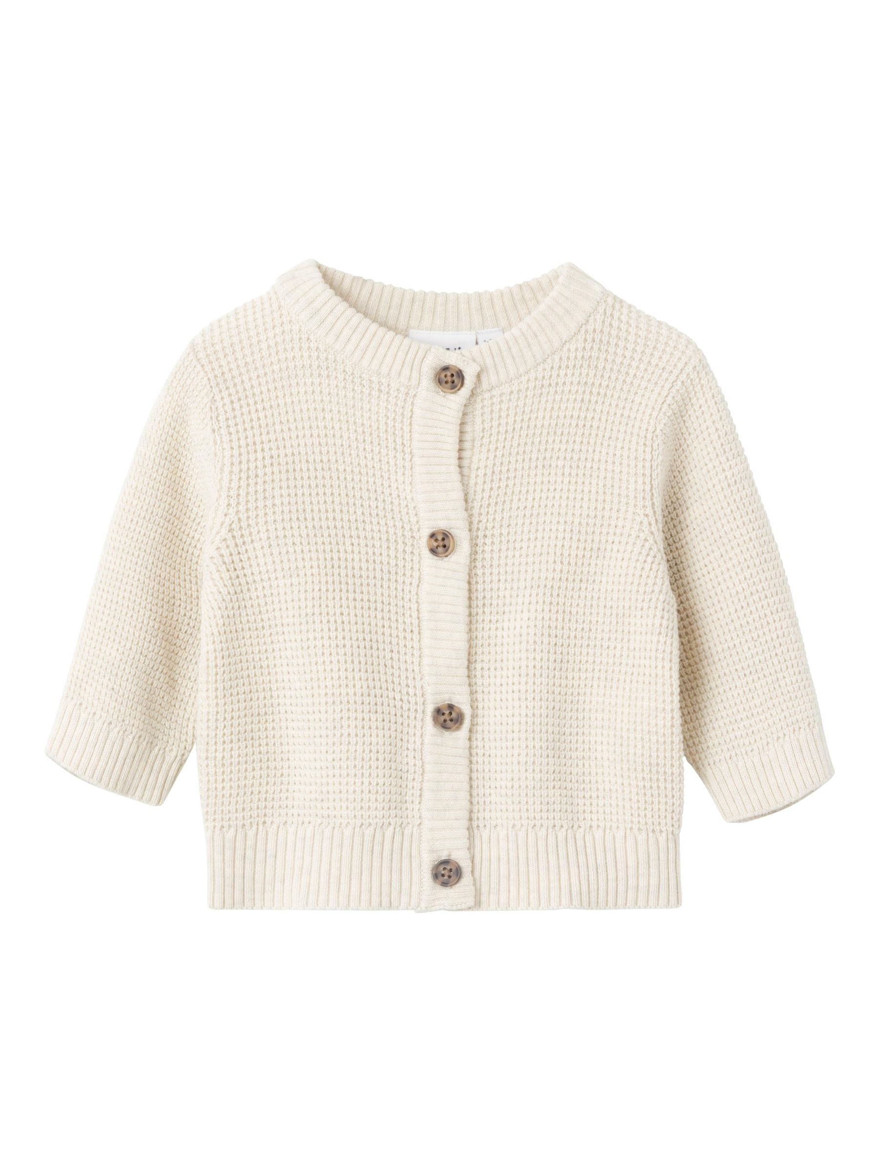 Strickjacke NAME IT "NBNBUBBA LS KNIT CARD NOOS", Baby, Gr. 62, beige (peyote melange), Strick, Obermaterial: 100% Baumwolle, unifarben, Casual, regular fit normal, Rundhals, Rippbündchen, Strickjacken, in dezent strukturierter Qualität Image