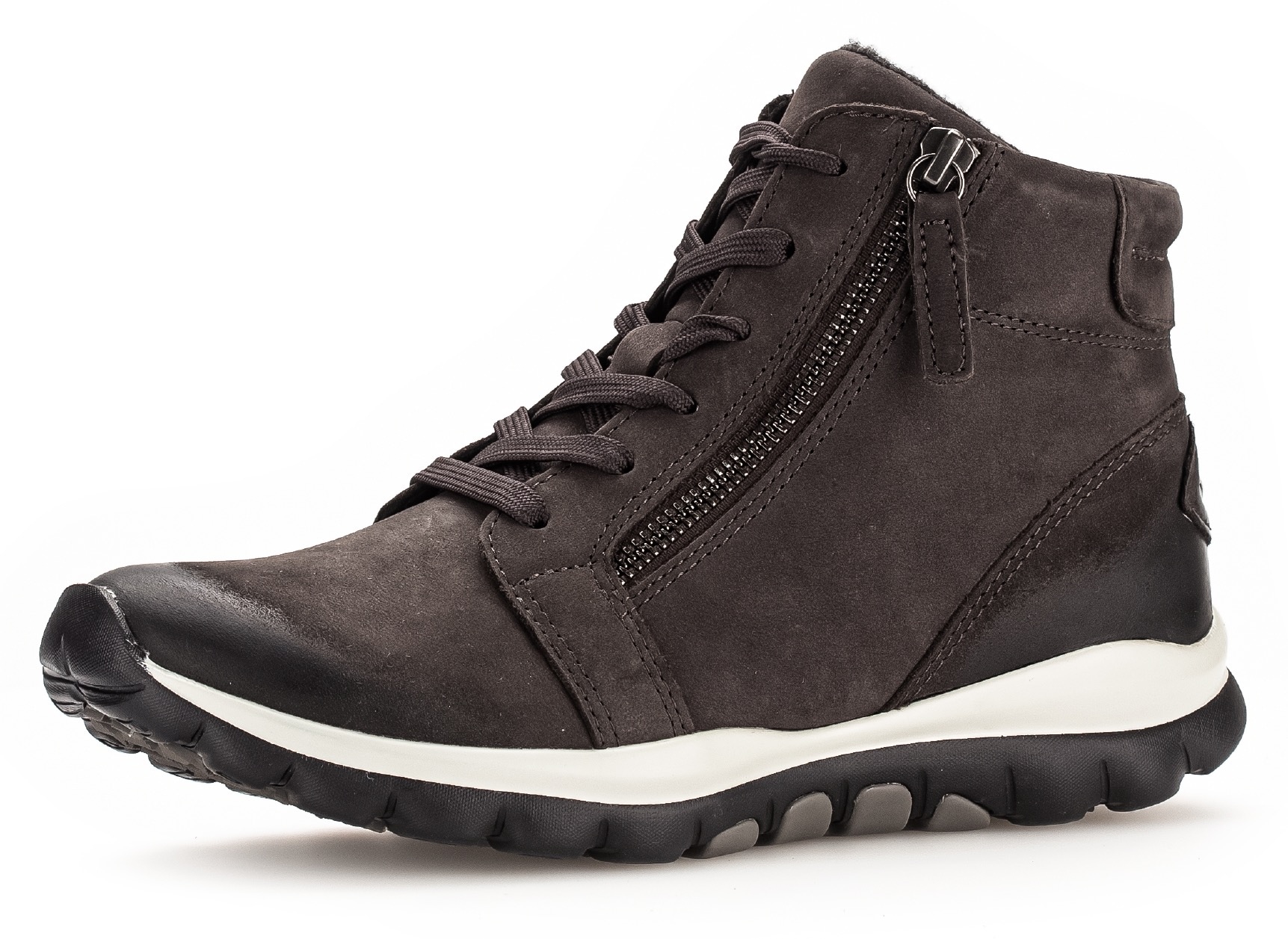 Schnürboots GABOR ROLLINGSOFT, Damen, Gr. 36, grau (dunkelgrau, used), Nubukleder, Schuhe Schnürboots, Keilabsatz, Komfortboots mit profilierter Gummilaufsohle