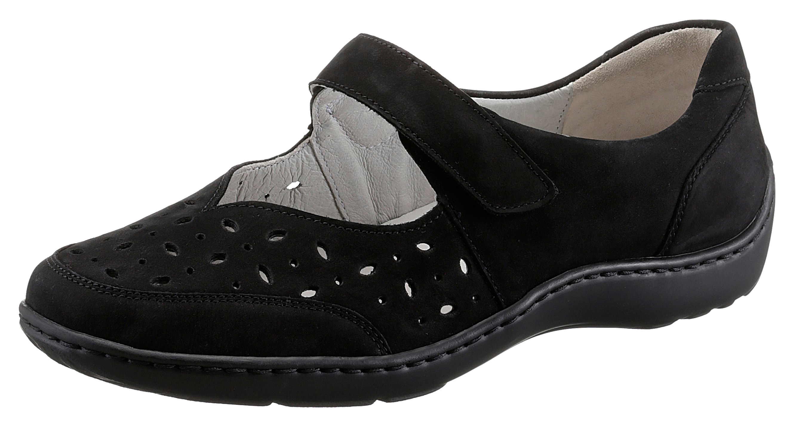 Ballerina WALDLÄUFER "HENNI", Damen, Gr. 8 (42), schwarz, Nubukleder, Schuhe Ballerina, Klettschuh, Komfortschuh mit Perforation, H-Weite