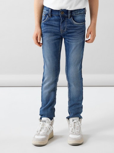 Slim-fit-Jeans NAME IT "NKMTHEO XSLIM SWE JEANS 3113-TH NOOS", Jungen, Gr. 92, N-Gr, blau (denim blau), Denim/Jeans, Obermaterial: 70% Baumwolle, 27% Polyester, 3% Elasthan, unifarben, slim fit lang, Jeans Image