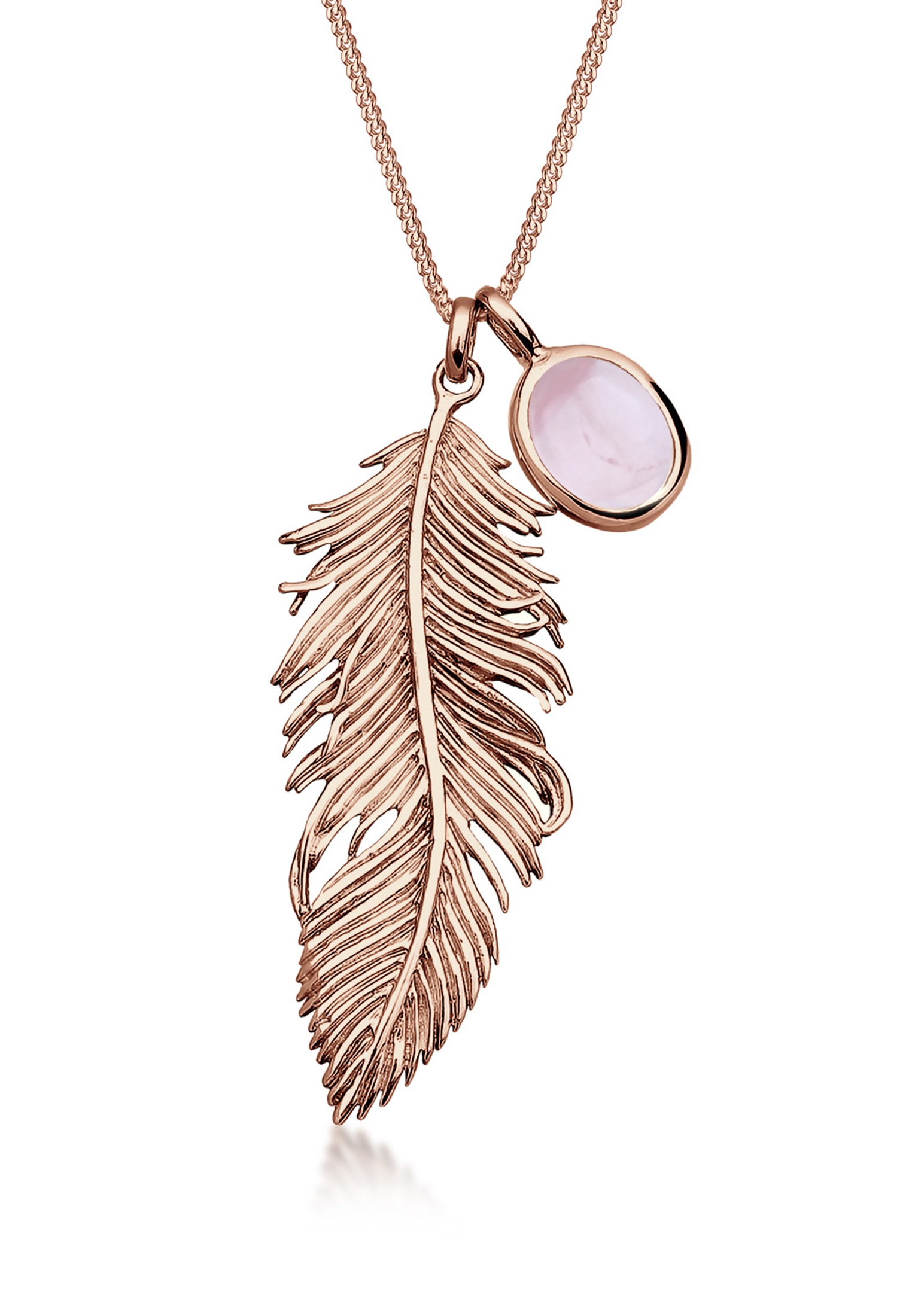 Kette mit Anhänger ELLI "Feder Quarz Rose 925 Sterling Silber Rosegold", rosa, Halsketten, Damen, 70,mit Steinen, Silber 925 (Sterlingsilber), L: 70
