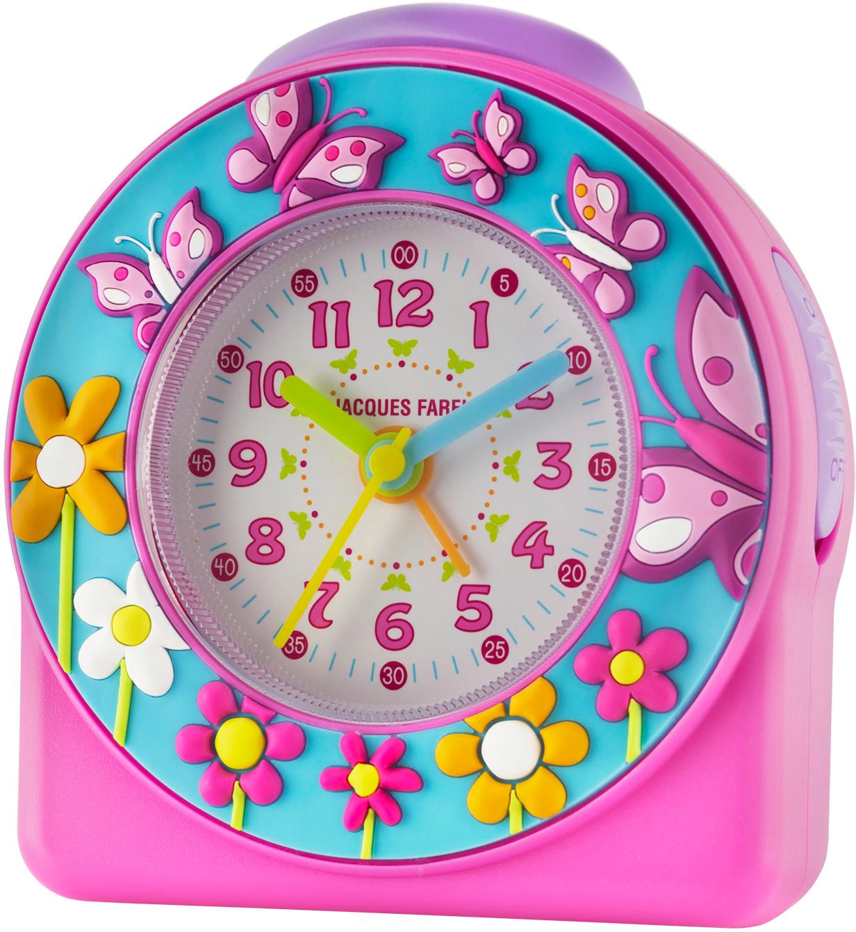 Kinderwecker JACQUES FAREL "ACW 69", bunt (rosa, türkis, lila), Wecker, Kinder, Quarzwecker, Blumen, Schmetterling, ideal auch als Geschenk
