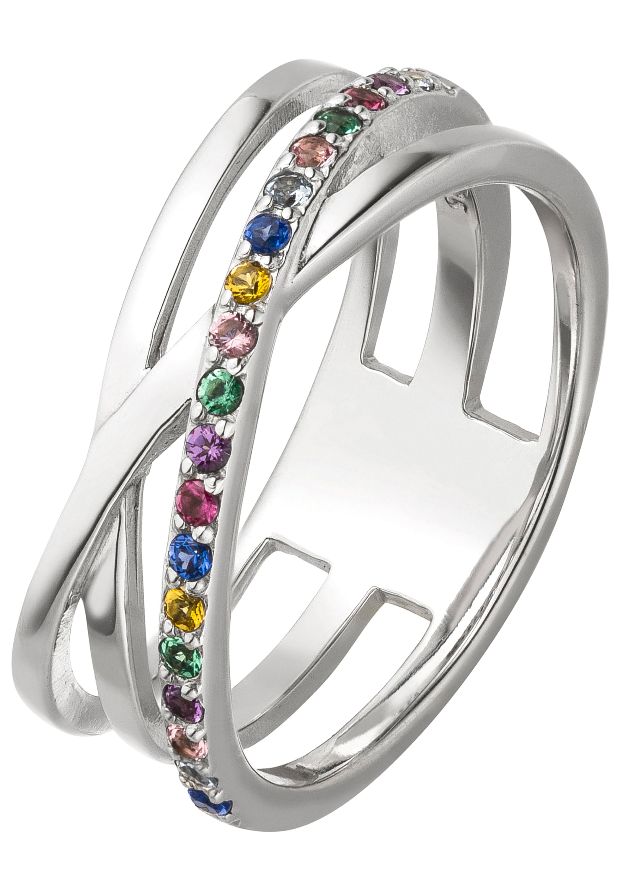 Fingerring JOBO Gr. 50, silber (silber 925), Fingerringe, Damen, 50, Silber 925 (Sterlingsilber), Fingerring, 925 Silber mit 19 bunten Zirkonia Image