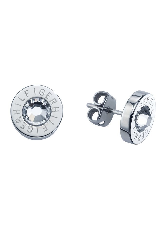 Paar Ohrstecker TOMMY HILFIGER "Schmuck Edelstahl Ohrschmuck Ohrringe HOLIDAY TREND", silber (edelstahlfarben, kristallweiß), Ohrringe, Damen, 9mm, Edelstahl, mit Kristallstein