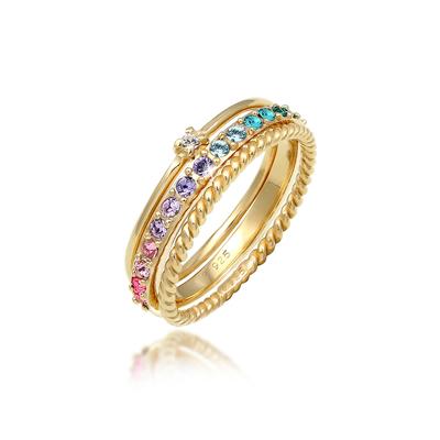 Solitärring ELLI "Kristalle Farbig Regenbogen Set (3 tlg) 925 Silber" Gr. 66, gold, Fingerringe, Damen, 66mm,mit Steinen, Silber 925 (Sterlingsilber), 2mm Image