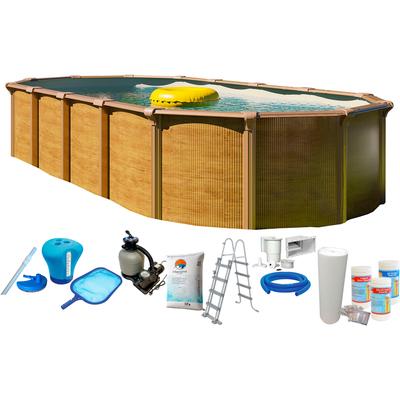 Ovalpool KWAD "Wood Design, inkl. Sicherheitsleiter & Zubehör, sandfarbene Innenfolie", braun, B:370cm H:132cm L:730cm, Schwimmbecken, Höhe: 132 cm, inkl. Wasserpflege-Set Image
