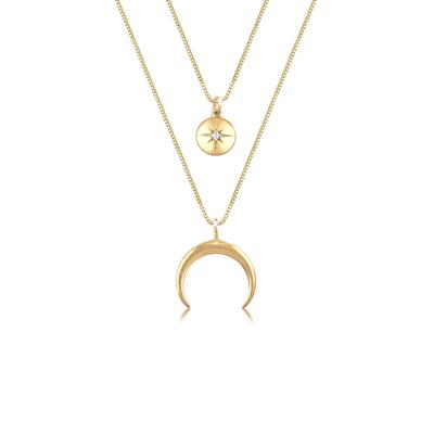 Collierkettchen ELLI "Layer Halbmond Stern Plättchen Zirkonia 925 Sterling Silber" Gr. 45, gold, Halsketten, Damen, 45,mit Steinen, Silber 925 (Sterlingsilber), L: 45cm Image
