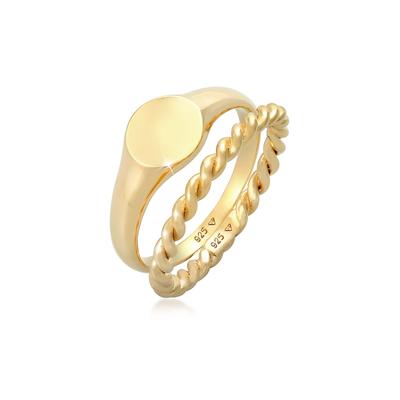 Ring-Set ELLI "Siegelring Basic Bandring Twist 2er Set 925 Silber" Gr. 52, gold, Fingerringe, Damen, 52mm, ohne Stein, Silber 925 (Sterlingsilber) Image