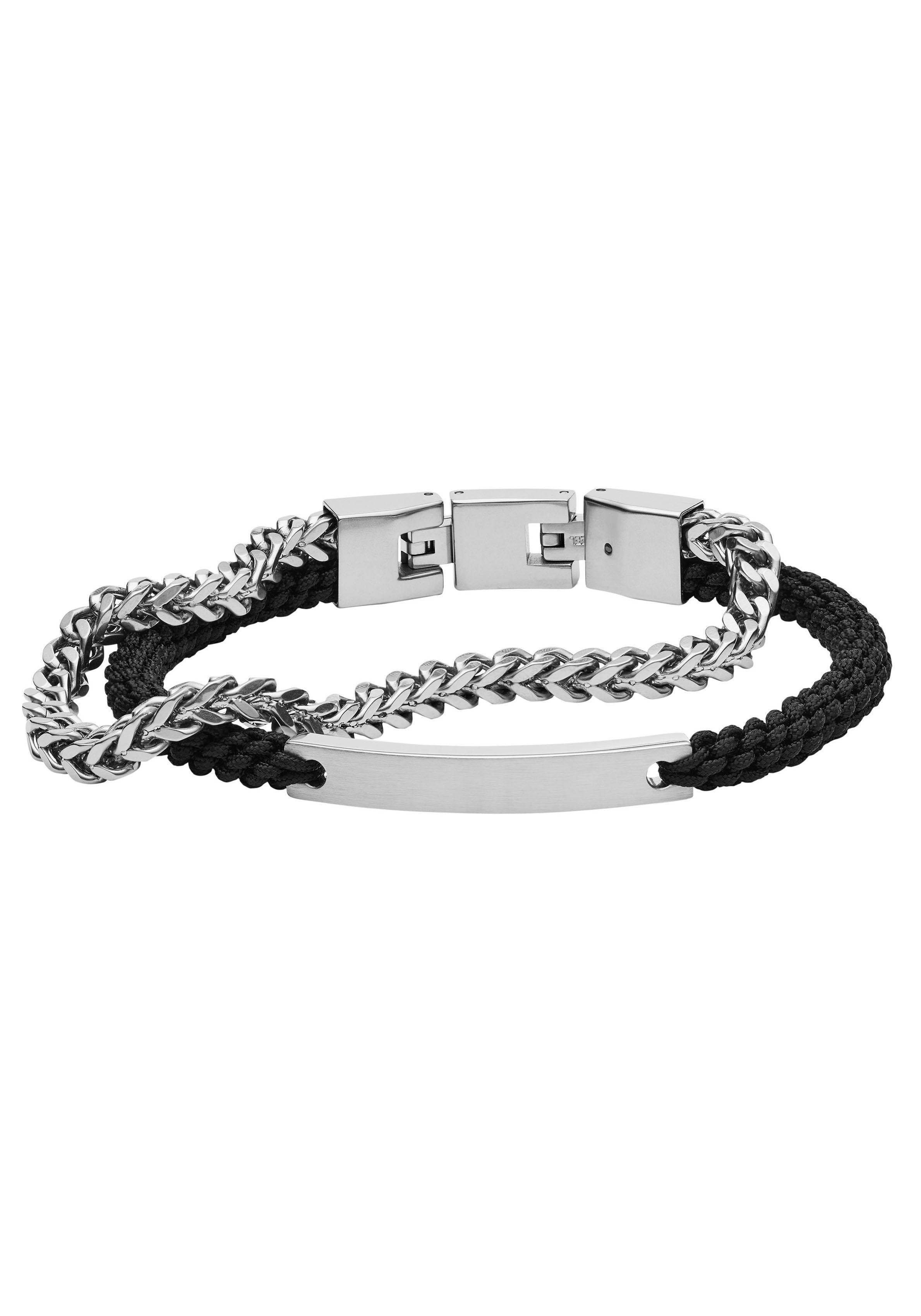 Armband FOSSIL "Schmuck Geschenk Edelstahl Nylon Armschmuck VINTAGE CASUAL", schwarz (edelstahlfarben, schwarz), Armbänder, Damen, 19,5cm, Edelstahl Nylon, Edelstahl, Nylon, Armband