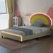 Isabelle & Max™ Twin Size Platform Bed w/ Rainbow Shaped & Height-adjustbale Headboard, Beige Wood & /Upholstered/Faux leather | Wayfair