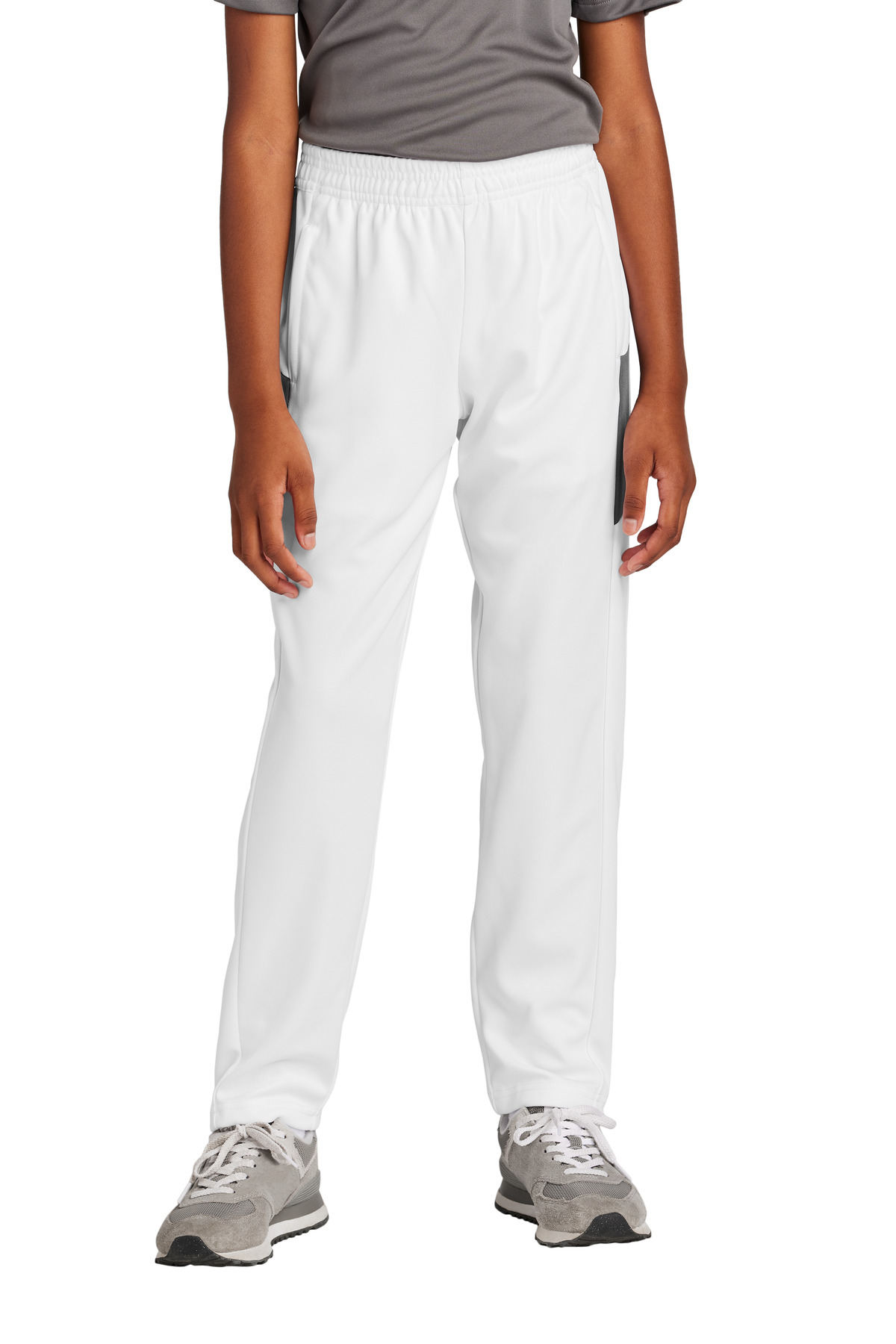Sport-Tek YPST800 Youth Travel Pant in White/Iron Grey size Small | Polyester