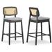 Set of 2 Azuka Gray Fabric Counter Stool with Rattan Back and Black Wood Legs