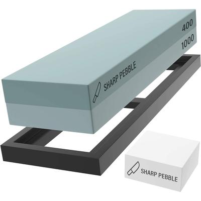 Knife Sharpening Stone 2 Side Grit 400/1000 Wet Stone Kitchen Knife Sharpener with Flattening Stone & NonSlip Rubber Base