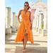 Boston Proper - Nectarine Orange - Eyelet Fit and Flare Faux Wrap Midi Dress - 10