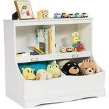 HOOMHIBIU 4-Cubby Bookcase with Footboard Name Card Multi-Bin Children s Toys and Organizer Book Display Wooden Toy Box Chest Cabinet for Room Playroom Bedroom Nursery (Gray)