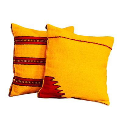 Burning Mountains,'Set of 2 Artisan Crafted Yellow Wool Striped Cushion Covers'