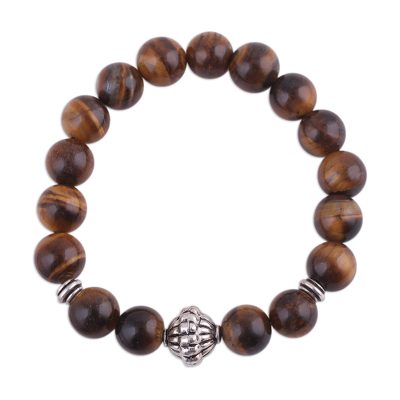 Natural Tiger's Eye Beaded Stretch Bracelet from India 'Earthen Kiss'