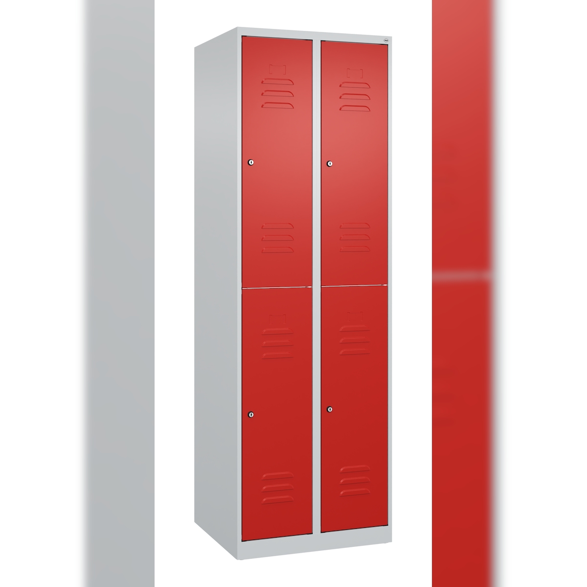 C+P Spind Classic PLUS, 4 Abteile, HxBxT 185x60x50cm, Zylinderschloss, Hellgrau/Rot von PROREGAL Image
