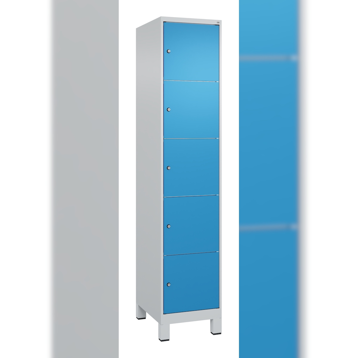 C+P Schließfachschränke Classic PLUS, Füßen, 5 Abteile, HxBxT 195x40x50cm, Zylinderschloss, Hellgrau/Lichtblau von PROREGAL Image