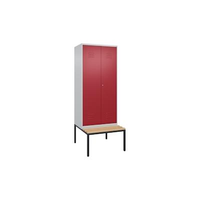 C+P Doppel-Spind Classic PLUS Buche untergebaute Bank 2 Abteile, HxBxT 212x80x82cm, Zylinderschloss, Hellgrau/Rubinrot von PROREGAL Image