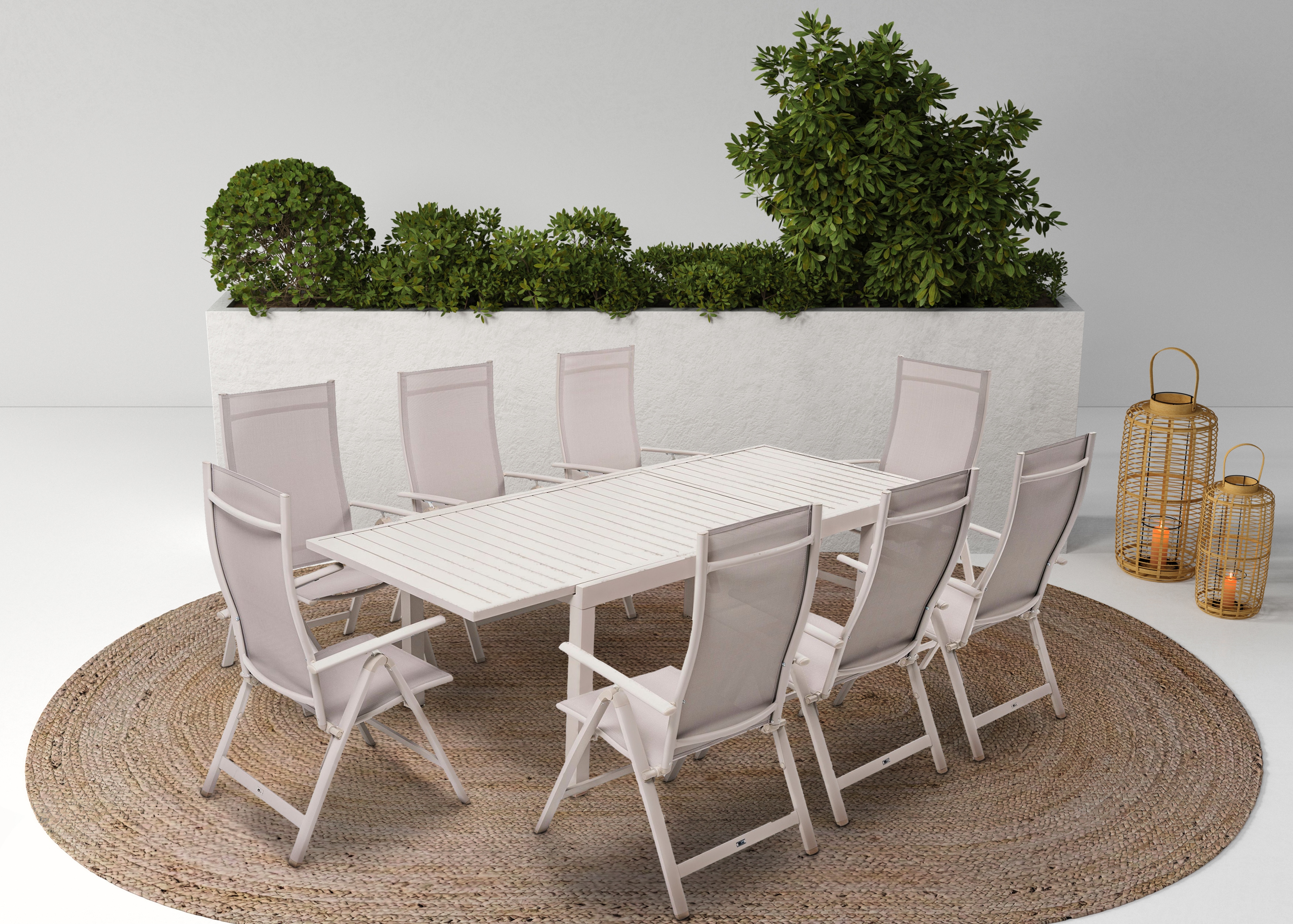 Garten-Essgruppe KONIFERA "Palermo", beige (beige,), 9tlg. Set Palermo, Sitzmöbel-Sets, klappbar, 7-fach verstellbare Rückenlehne, Tischplatte aus Alulatten