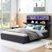 Full/Queen Size Upholstered Bed Frame with Bookcase Headboard and 2 Drawers, Linen Fabric Platform Bed with LED and USB Charging