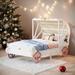 White+Pink Wood Platform Car Bed with Canopy,Princess Carriage Bed with 3D Carving Pattern,Twin Size