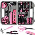 Qenwkxz 37PCS Household Repair Tool Kit Multipurpose Pink Home Hand Tool Set with Storage Case Durable Hammer and Screwdriver Set with Bits Wire Plier Level Ruler Scissors for Home Office