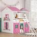 White+Pink Full Size Wood House Bed with Elegant Windows, Castle Bunk Bed with Sills and Tent