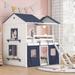 White+Blue Full Size Wood House Bed with Elegant Windows, Castle Bunk Bed with Sills and Tent