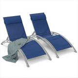 Outdoor Chaise Lounge Set of 2 Patio Recliner Chairs with Adjustable Backrest and Removable Pillow for Indoor&Outdoor Beach Pool Sunbathing Lawn (Blue 2 Lounge Chair)