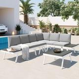 Industrial 5-Piece Aluminum Outdoor Patio Furniture Set Modern Garden Sectional Sofa Set with End Tables Coffee Table and Furniture Clips for Backyard White+Grey