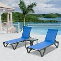 Patio Chaise Lounge Chair Set of 3 Outdoor Aluminum Polypropylene Sunbathing Chair with 5 Adjustable Position Side Table for Beach Yard Balcony Poolside (Blue 2 Lounge Chairs+1 Tbale)