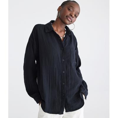 Aeropostale Womens' Long Sleeve Gauze Oversized Shirt - Black - Size XS - Cotton