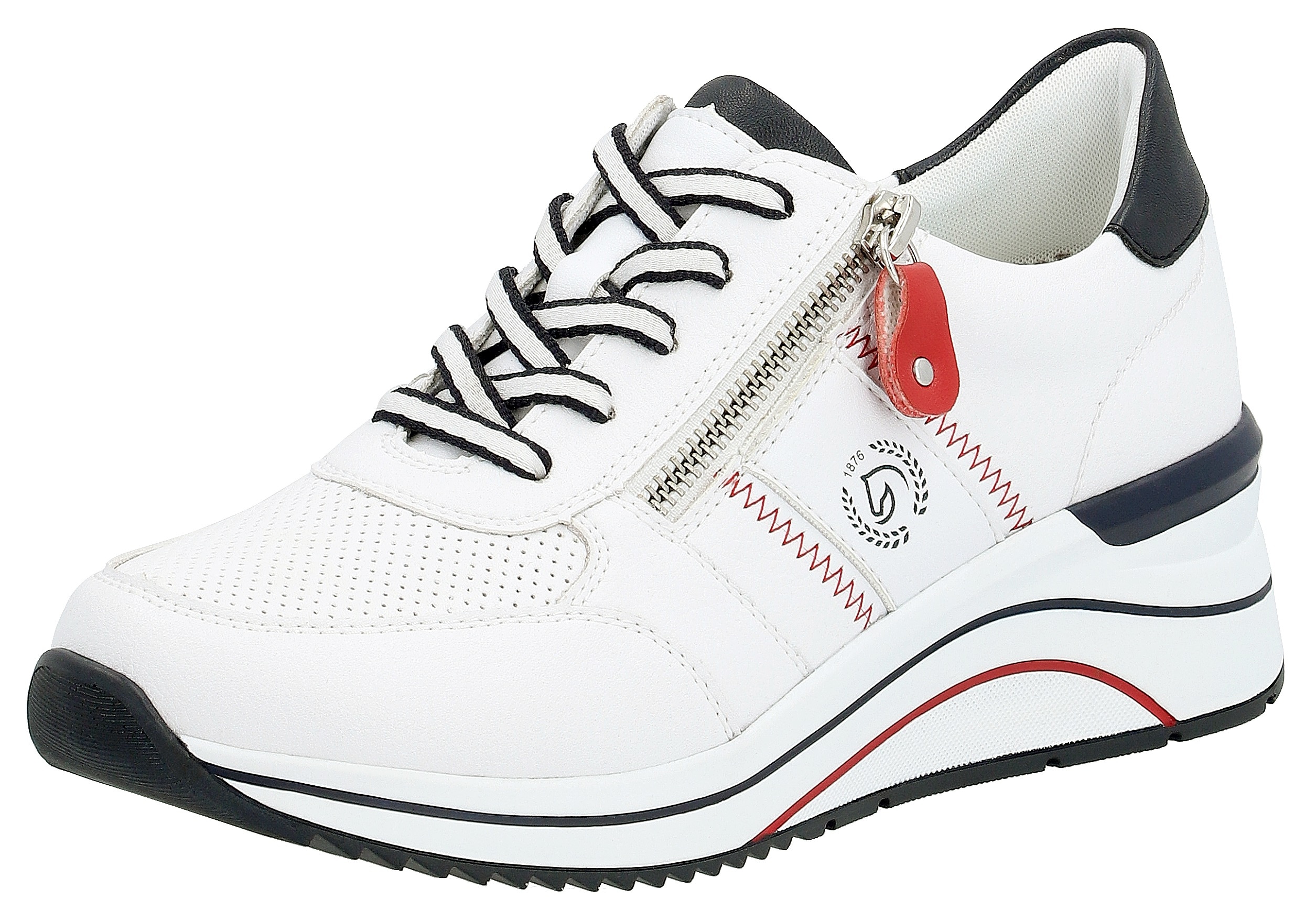 Keilsneaker REMONTE, Damen, Gr. 44, bunt (weiß, dunkelblau), Leder, Lederimitat, Schuhe Sneaker, Freizeitschuh, Halbschuh, Schnürschuh mit Metallic-Kontrastbesätzen