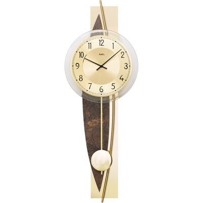Pendelwanduhr AMS "W7453", braun (messingfarben, braun), Wanduhren, B/H/L: 23cm x 8cm x 67cm, Quarzuhr, Holz-/Messinggehäuse,Esszimmer,Wohnzimmer,Made in Germany Image