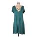 Umgee Casual Dress - A-Line Plunge Short sleeves: Teal Print Dresses - Women's Size Small