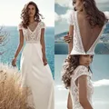 Robe de Mariée Boho en Mousseline de Soie et Dentelle Tenue de Plage Col en V Dos aux Manches